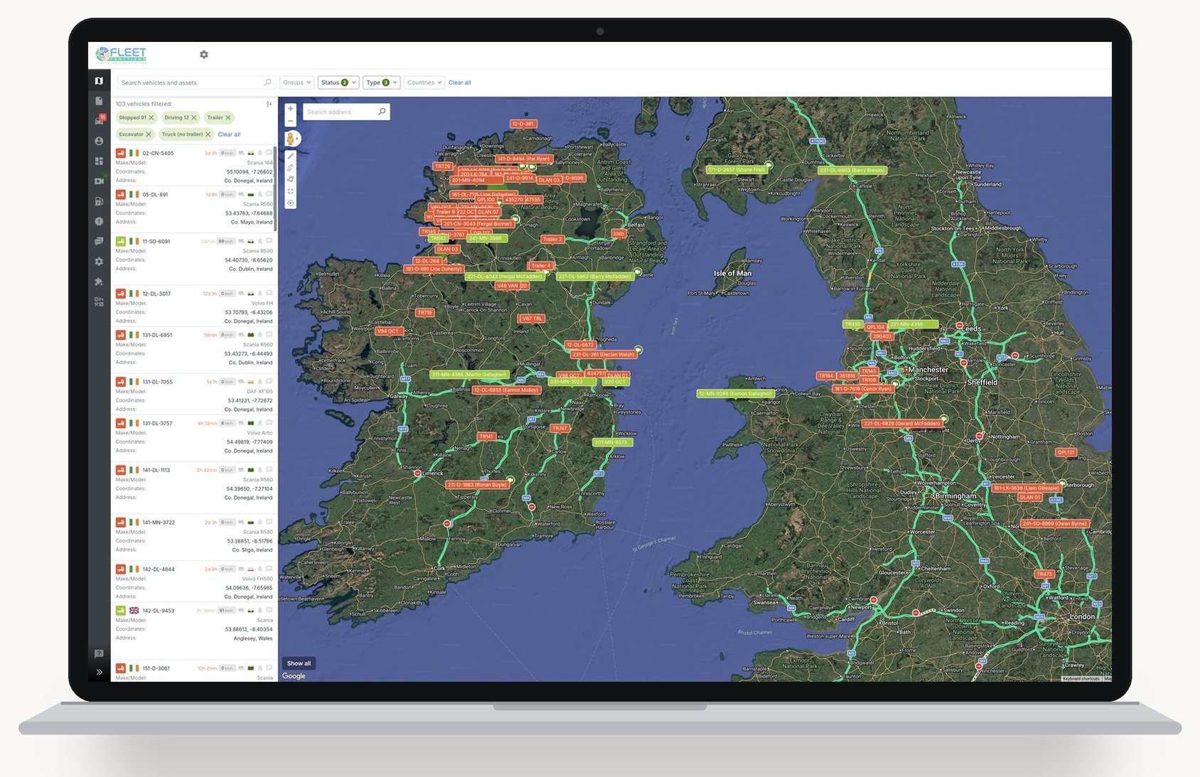 Fleet Functions tracking platform on a laptop, showing vehicles live on a map of Ireland and the UK