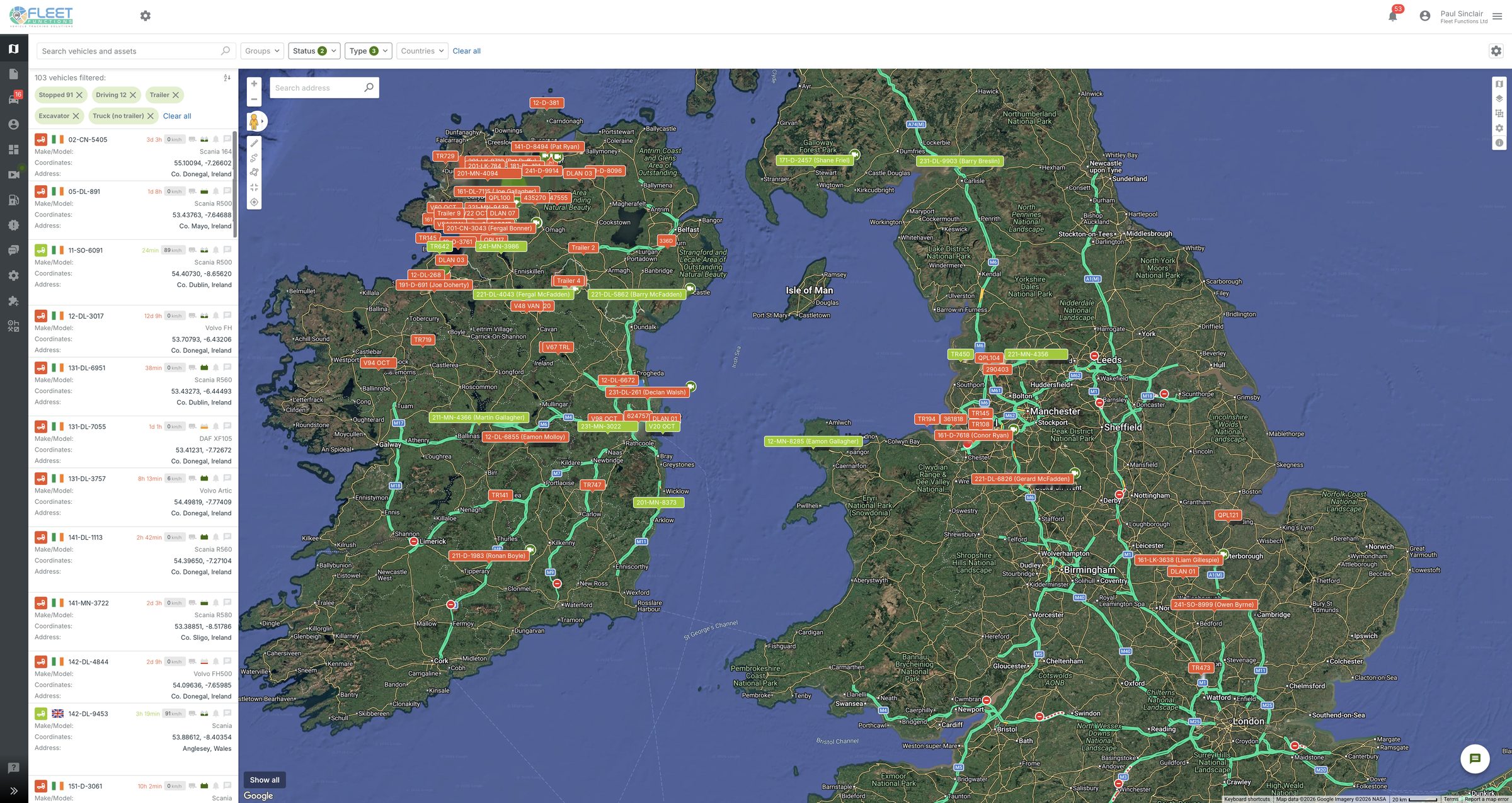 Live map in the Fleet Functions tracking platform, with vehicles across Ireland and the UK